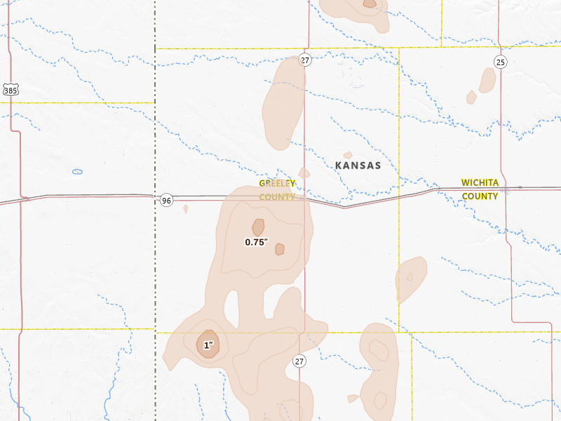 Radar-estimated hail-size map of the storm over Tribune, KS on Aug 14, 2026