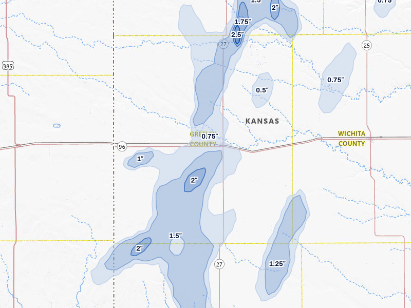 NEXRAD radar-signature map of the hail storm over Tribune, KS on Aug 14, 2026