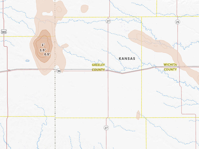 Radar-estimated hail-size map of the storm over Tribune, KS on Aug 26, 2026