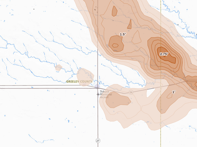 Radar-estimated hail-size map of the storm over Tribune, KS on Sep 19, 2026