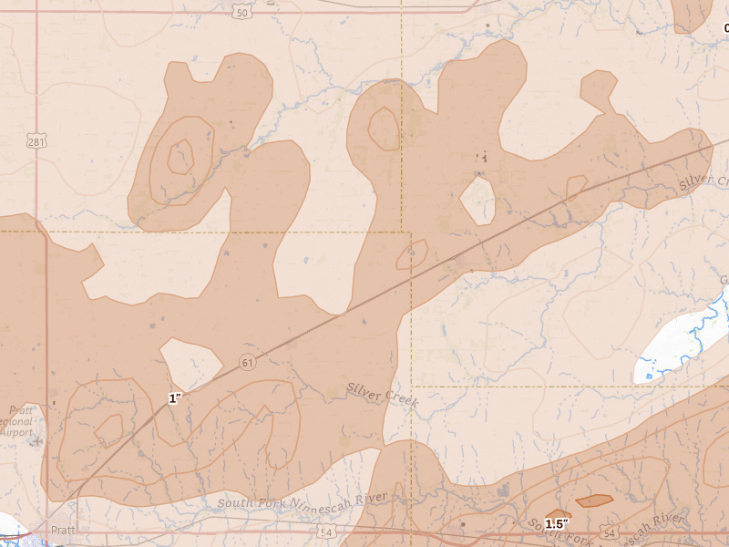 Radar-estimated hail-size map of the storm over Turon, KS on May 18, 2026