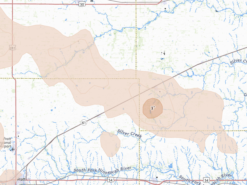 Radar-estimated hail-size map of the storm over Turon, KS on Jun 1, 2026