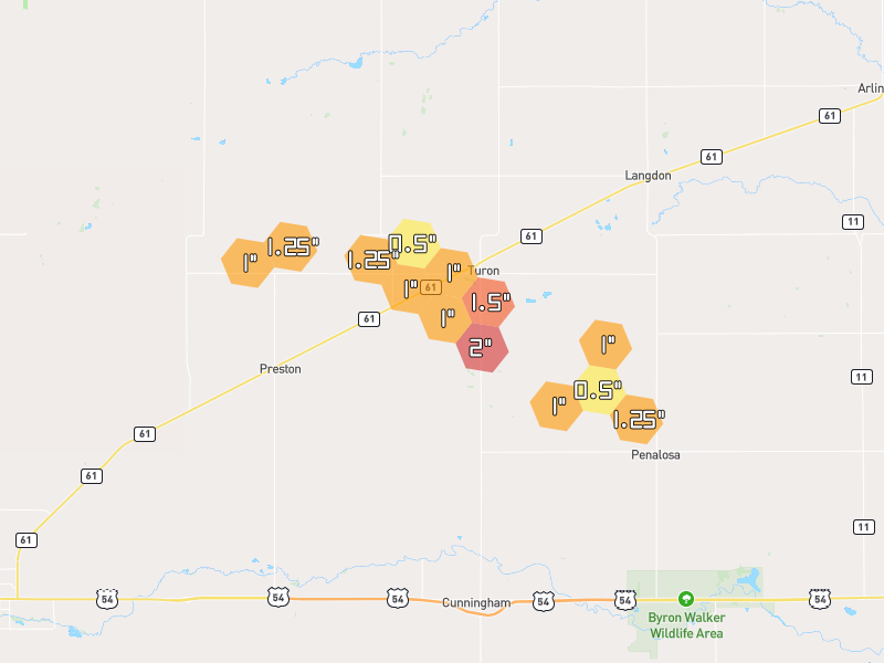 Hail map of Turon, KS on Jun 2, 2026, hail up to 2"