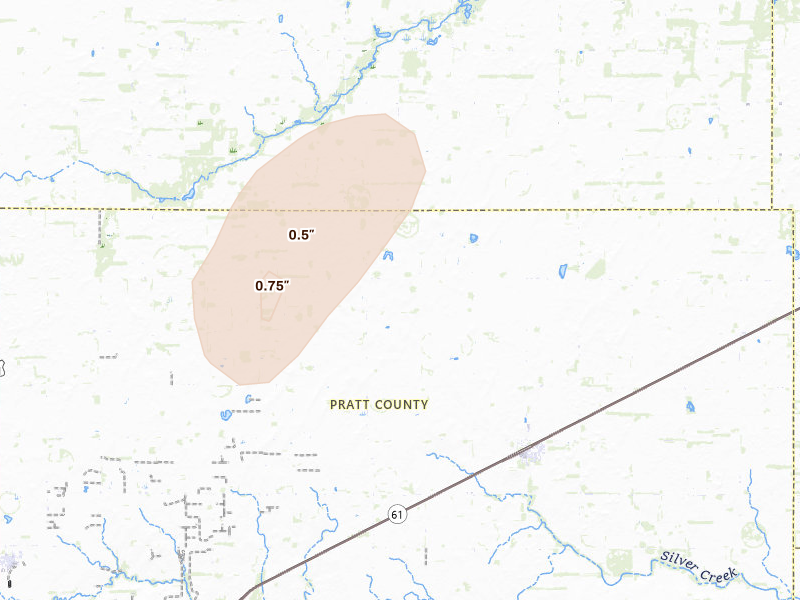 Radar-estimated hail-size map of the storm over Turon, KS on Aug 14, 2026