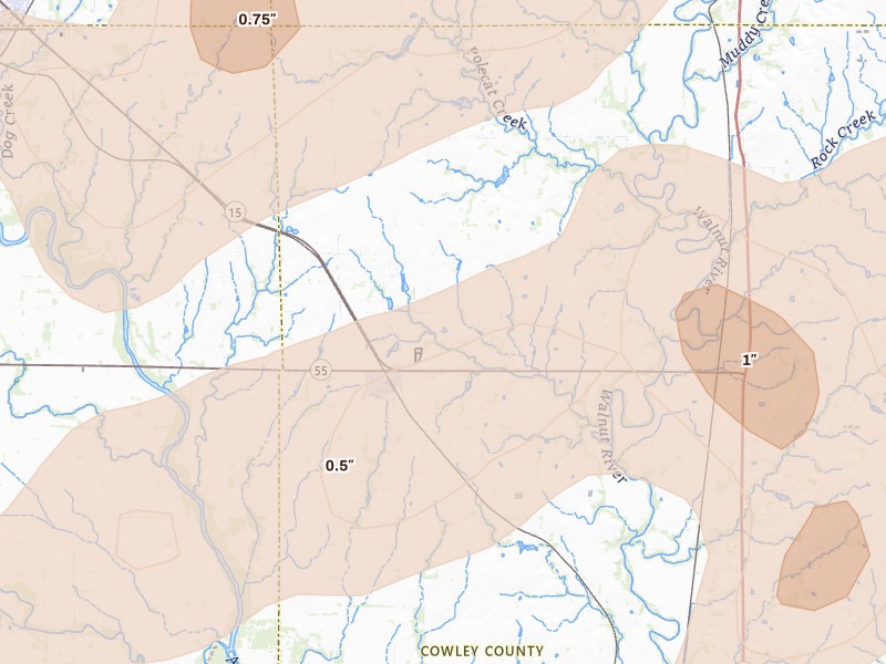 Radar-estimated hail-size map of the storm over Udall, KS on Apr 17, 2026