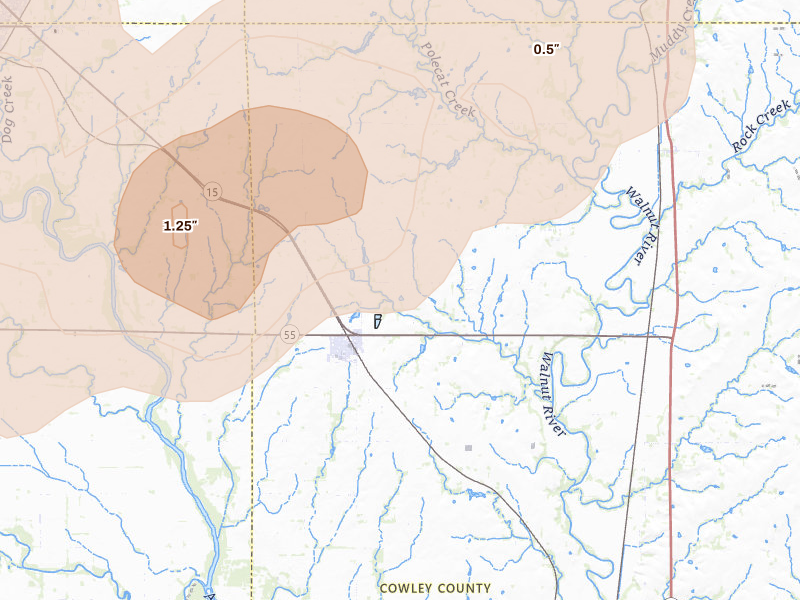 Radar-estimated hail-size map of the storm over Udall, KS on May 18, 2026