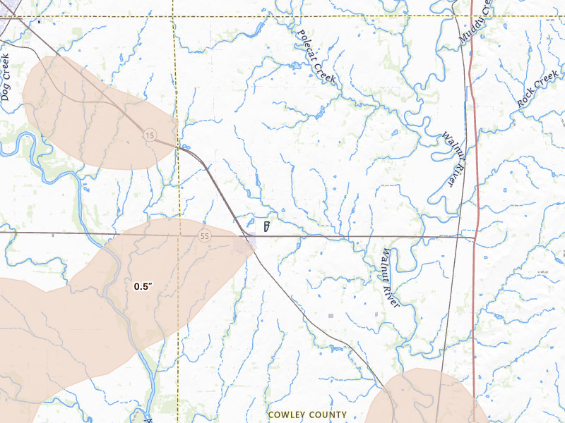 Radar-estimated hail-size map of the storm over Udall, KS on Jul 4, 2026