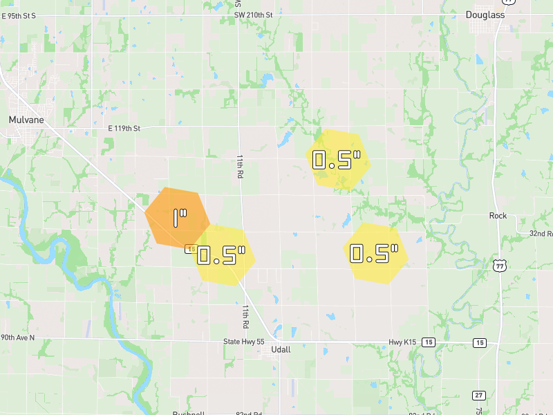 Hail map of Udall, KS on Jul 4, 2026, hail up to 1"
