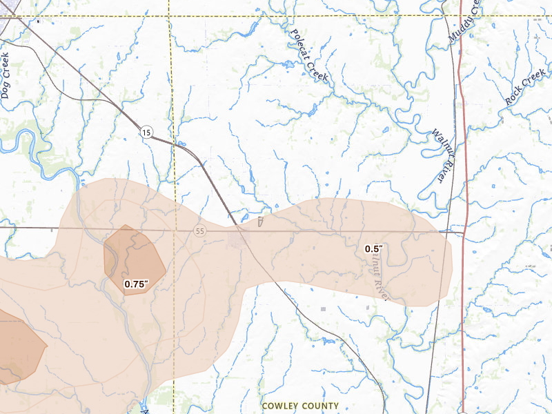 Radar-estimated hail-size map of the storm over Udall, KS on Jul 9, 2026
