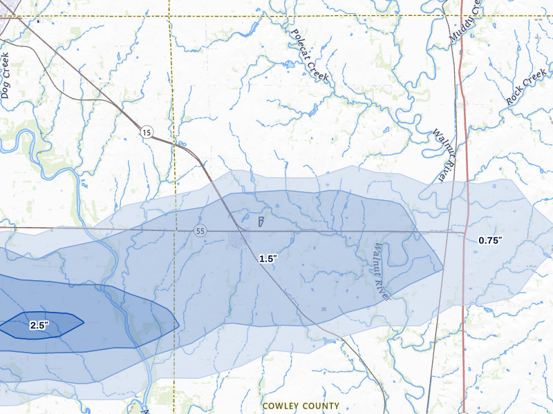 NEXRAD radar-signature map of the hail storm over Udall, KS on Jul 9, 2026