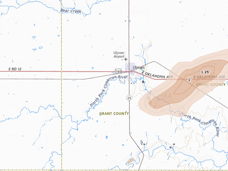 Radar-estimated hail-size map of the storm over Ulysses, KS on Jun 25, 2026