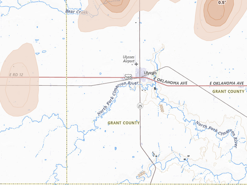 Radar-estimated hail-size map of the storm over Ulysses, KS on Jun 30, 2026