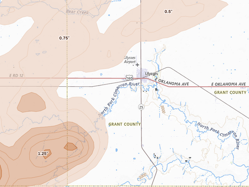 Radar-estimated hail-size map of the storm over Ulysses, KS on Jul 2, 2026