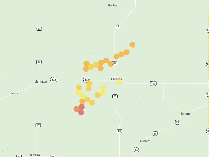 Hail map of Ulysses, KS on Jul 3, 2026, hail up to 2.25"