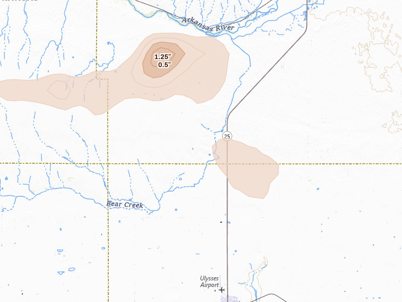 Radar-estimated hail-size map of the storm over Ulysses, KS on Aug 5, 2026