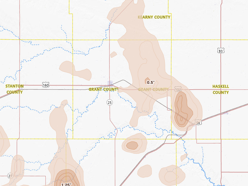 Radar-estimated hail-size map of the storm over Ulysses, KS on Aug 15, 2026