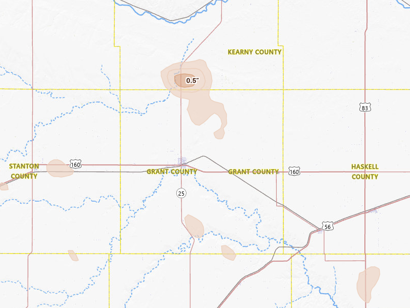 Radar-estimated hail-size map of the storm over Ulysses, KS on Aug 26, 2026