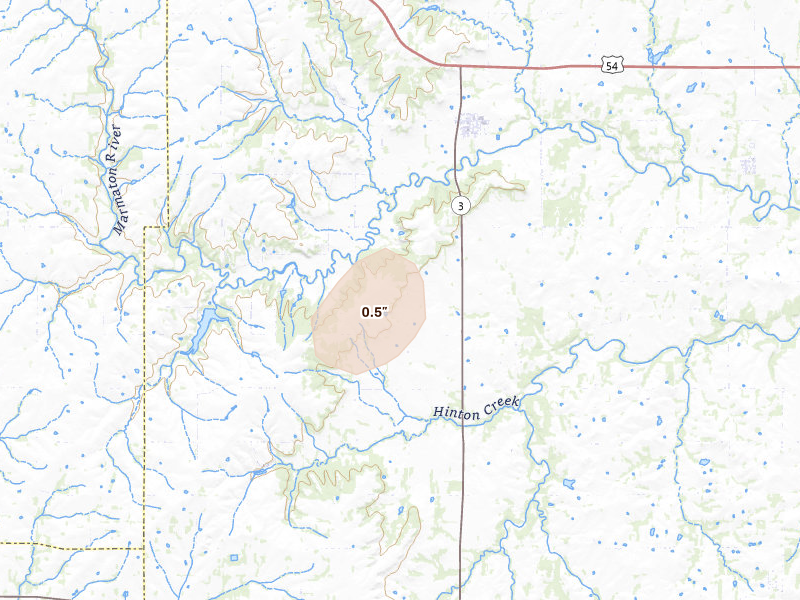Radar-estimated hail-size map of the storm over Uniontown, KS on May 23, 2026
