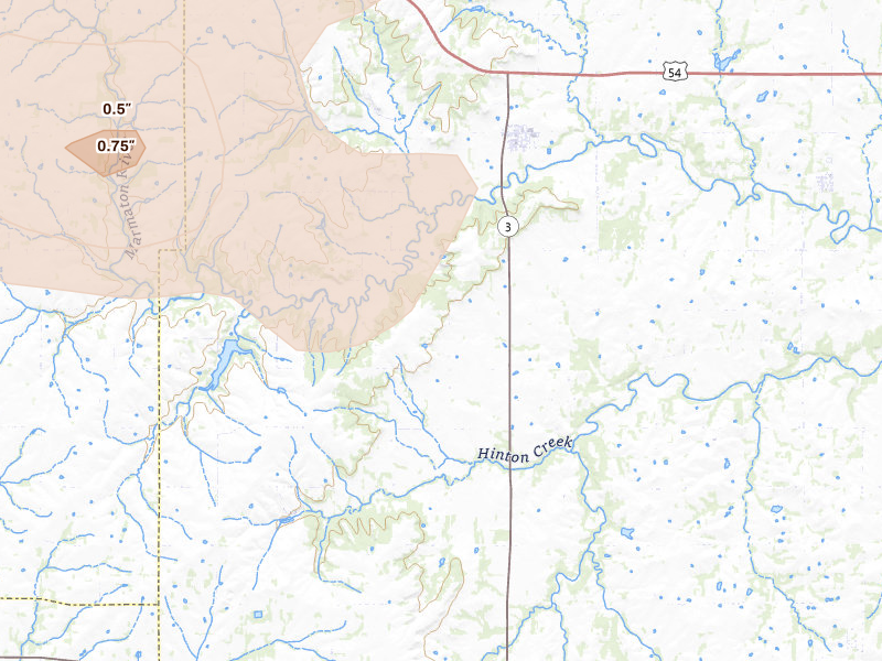 Radar-estimated hail-size map of the storm over Uniontown, KS on May 31, 2026