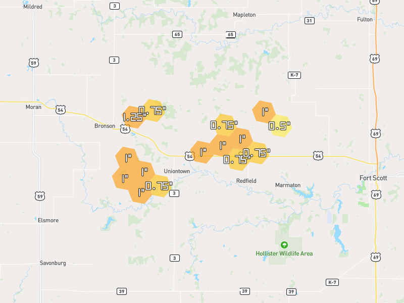 Hail map of Uniontown, KS on Jun 1, 2026, hail up to 1.25"