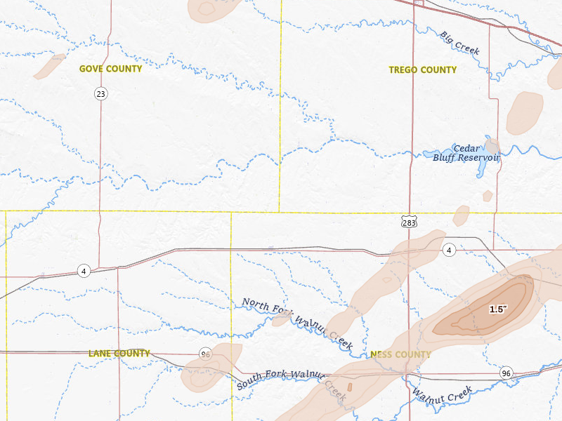 Radar-estimated hail-size map of the storm over Utica, KS on Apr 26, 2026