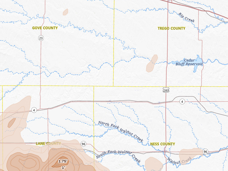 Radar-estimated hail-size map of the storm over Utica, KS on Jun 1, 2026
