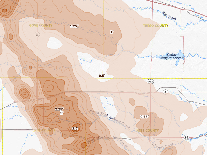 Radar-estimated hail-size map of the storm over Utica, KS on Jun 20, 2026