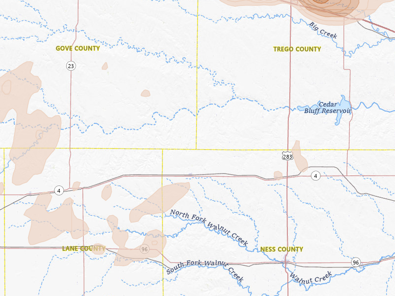 Radar-estimated hail-size map of the storm over Utica, KS on Jul 3, 2026