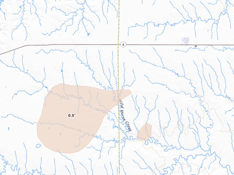 Radar-estimated hail-size map of the storm over Utica, KS on Aug 15, 2026
