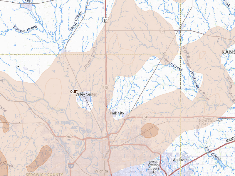 Radar-estimated hail-size map of the storm over Valley Center, KS on Mar 10, 2026