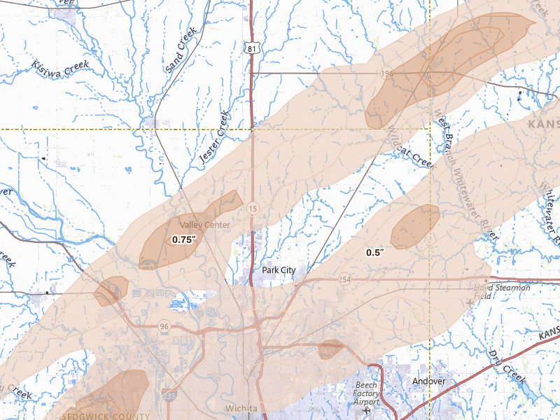 Radar-estimated hail-size map of the storm over Valley Center, KS on Apr 17, 2026