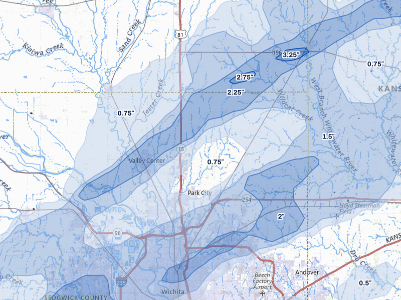 NEXRAD radar-signature map of the hail over Valley Center, KS