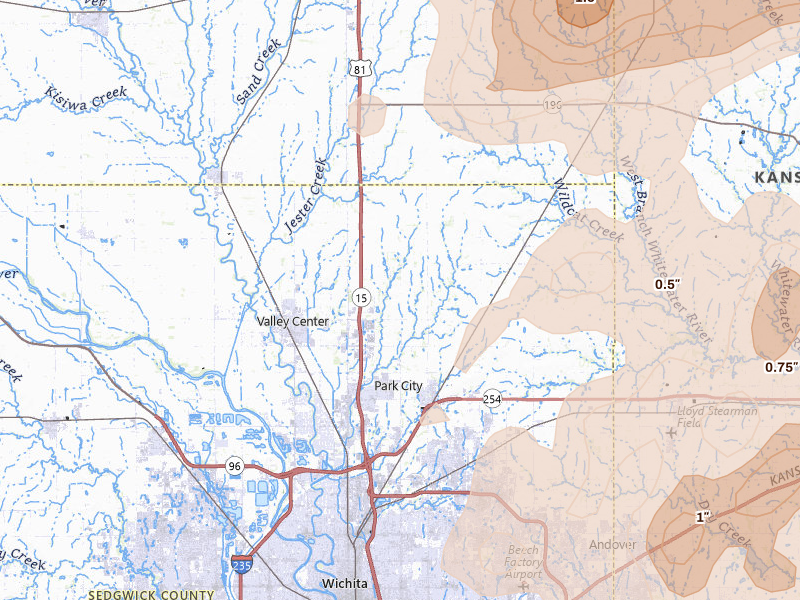 Radar-estimated hail-size map of the storm over Valley Center, KS on Apr 23, 2026