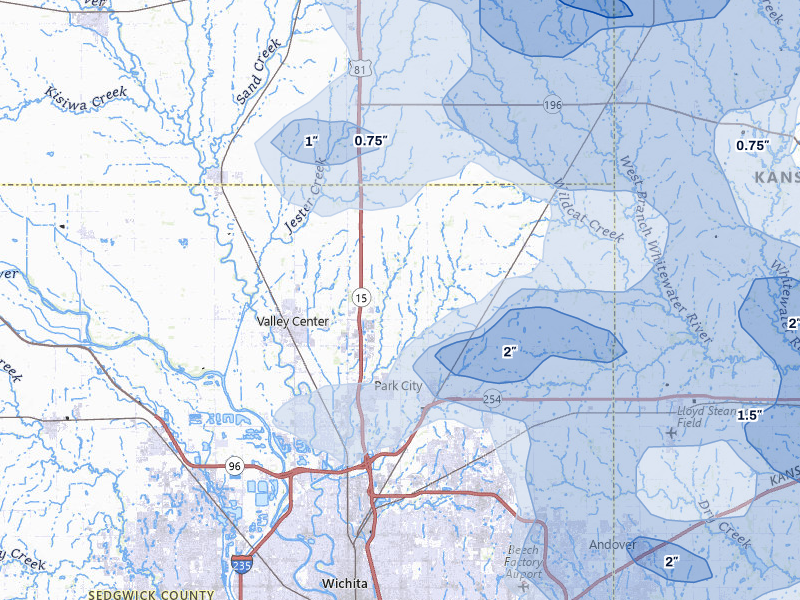 NEXRAD radar-signature map of the hail over Valley Center, KS