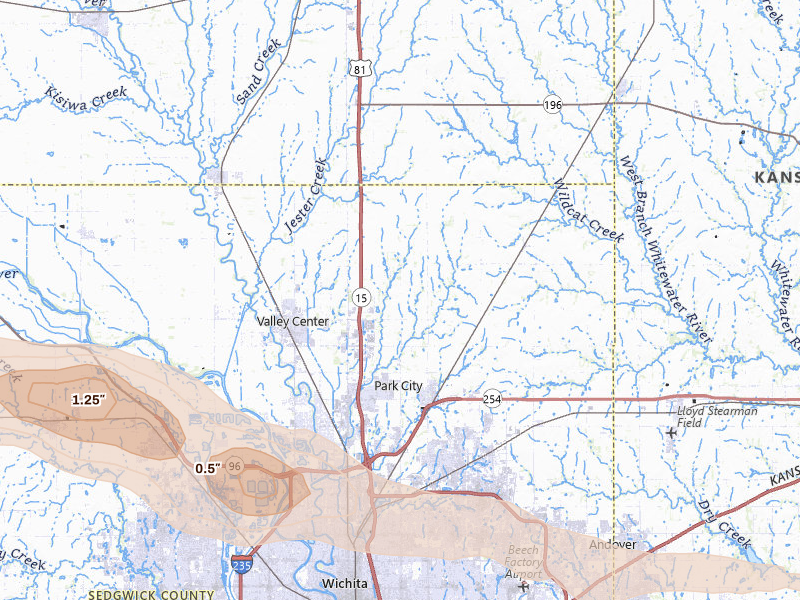 Radar-estimated hail-size map of the storm over Valley Center, KS on May 4, 2026