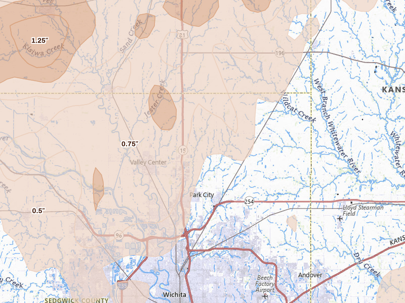 Radar-estimated hail-size map of the storm over Valley Center, KS on May 18, 2026