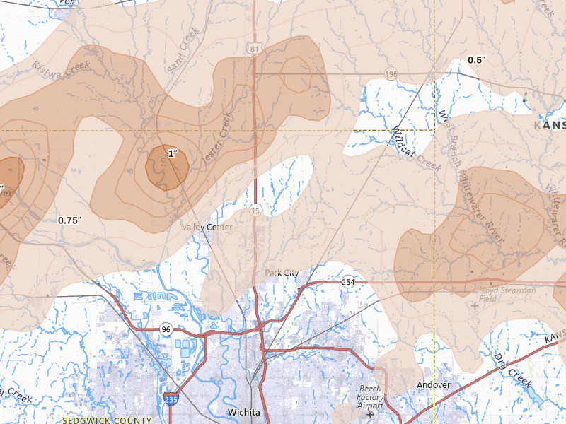 Radar-estimated hail-size map of the storm over Valley Center, KS on May 30, 2026