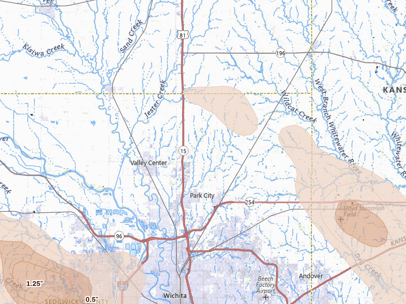 Radar-estimated hail-size map of the storm over Valley Center, KS on Jun 25, 2026