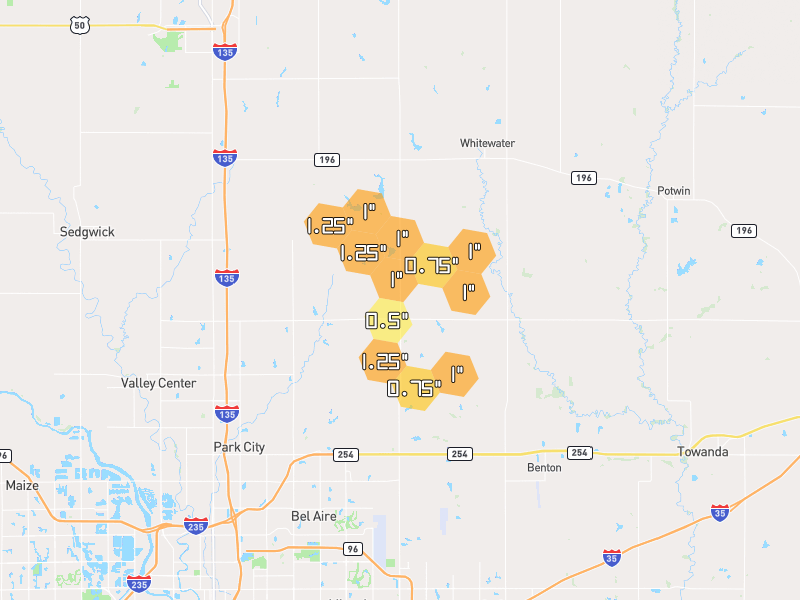 Hail map of Valley Center, KS on Jun 26, 2026, hail up to 1.25"