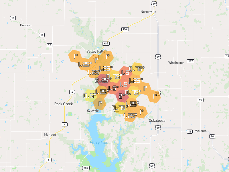 Hail map of Valley Falls, KS on Jun 1, 2026, hail up to 2.25"