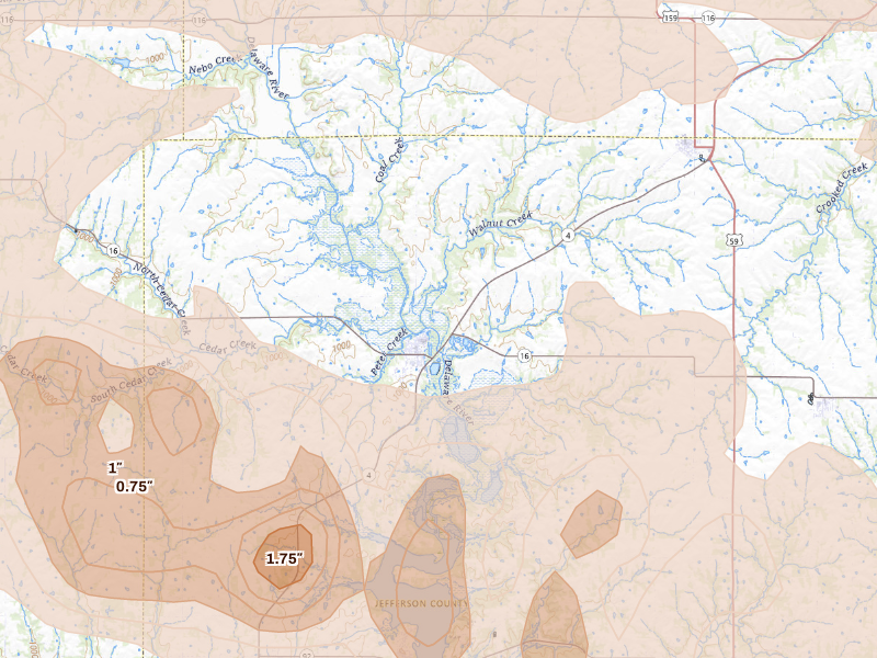 Radar-estimated hail-size map of the storm over Valley Falls, KS on Aug 18, 2026