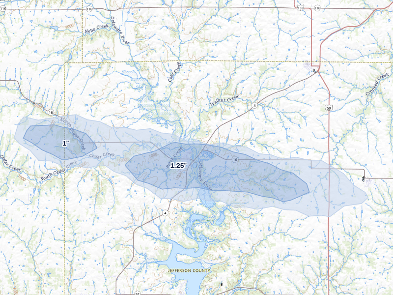 NEXRAD radar-signature map of the hail storm over Valley Falls, KS on Aug 18, 2026
