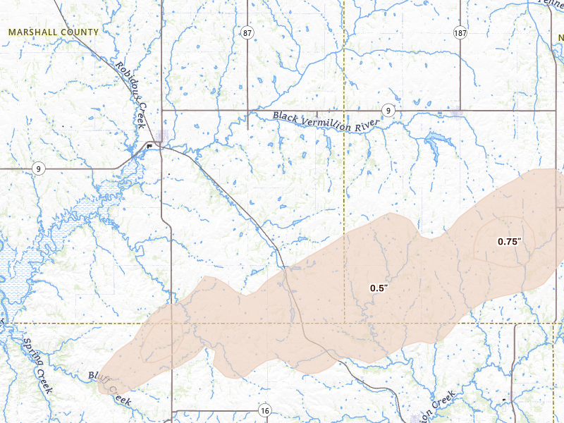 Radar-estimated hail-size map of the storm over Vermillion, KS on Apr 26, 2026