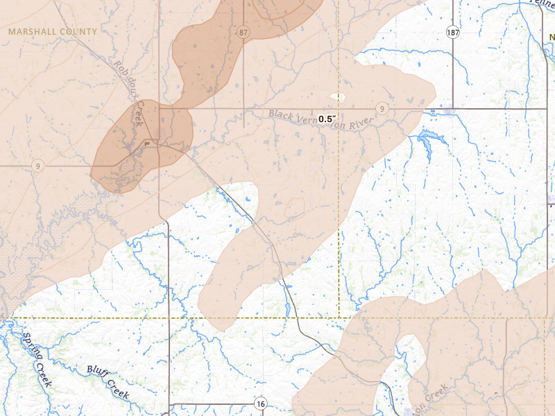 Radar-estimated hail-size map of the storm over Vermillion, KS on May 18, 2026