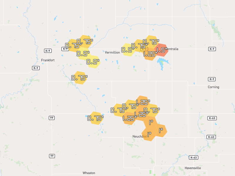 Hail map of Vermillion, KS on Jul 4, 2026, hail up to 1.5"