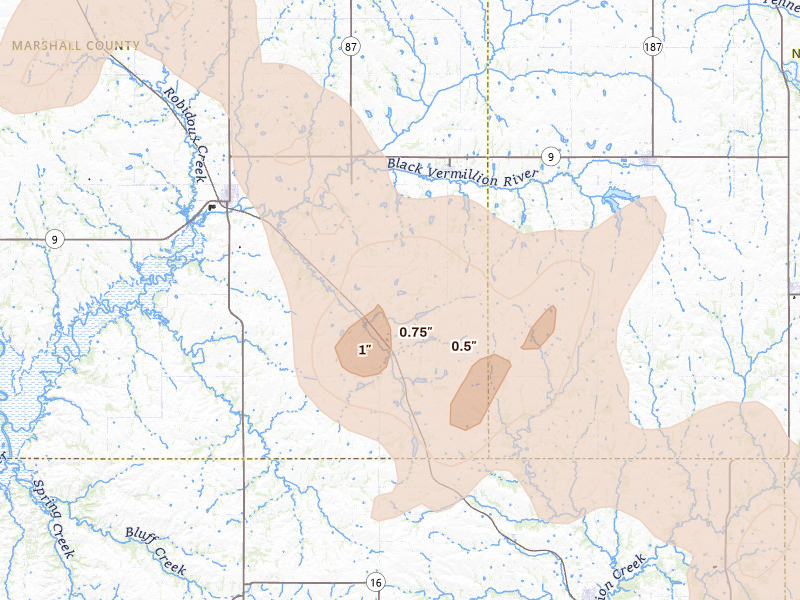 Radar-estimated hail-size map of the storm over Vermillion, KS on Jul 8, 2026