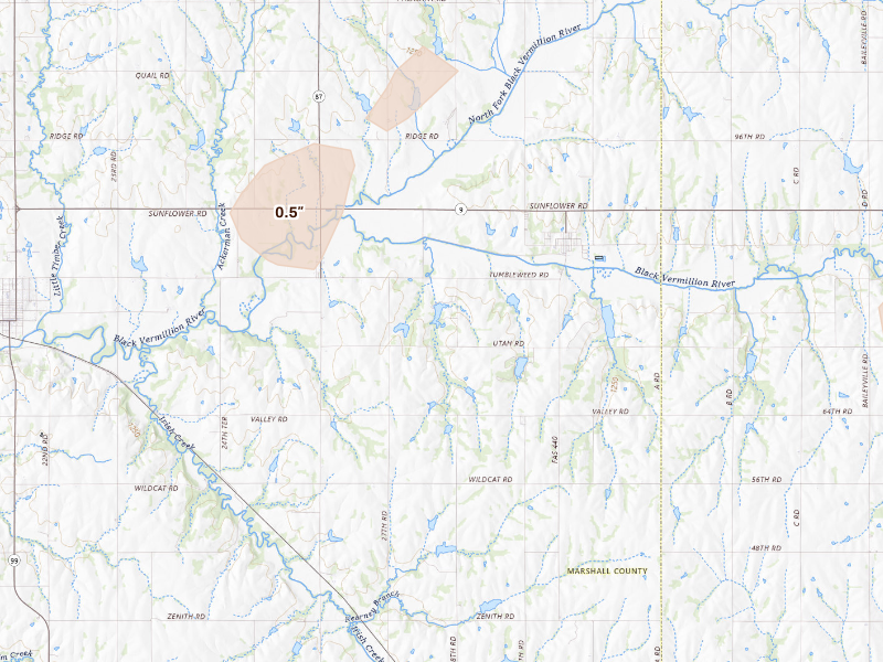 Radar-estimated hail-size map of the storm over Vermillion, KS on Sep 19, 2026