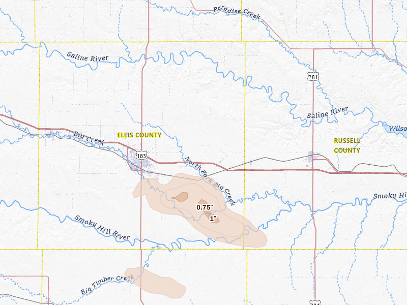 Radar-estimated hail-size map of the storm over Victoria, KS on Apr 8, 2026