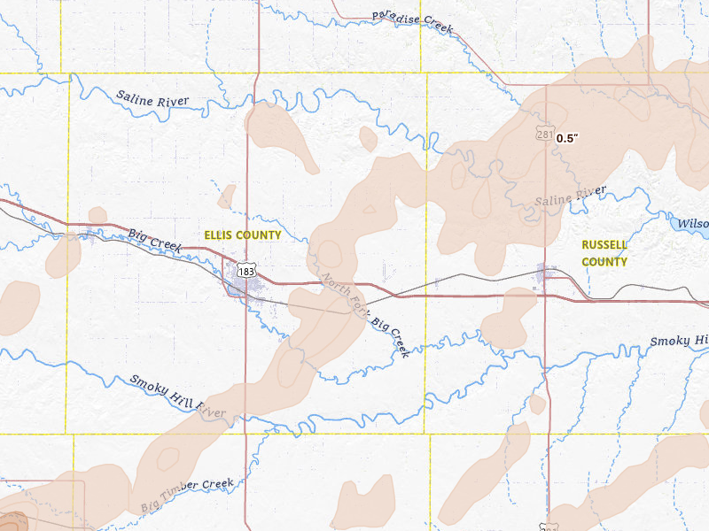 Radar-estimated hail-size map of the storm over Victoria, KS on Apr 26, 2026