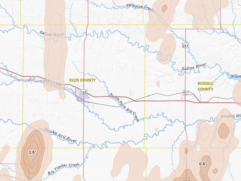 Radar-estimated hail-size map of the storm over Victoria, KS on May 30, 2026